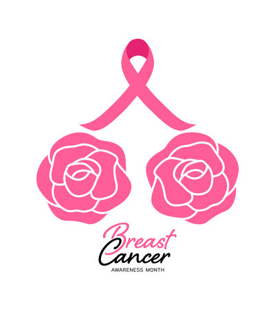 Pink ribbon with roses. Breast cancer awareness month. Vector illustration.のイラスト素材