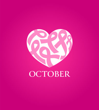 Pink ribbon fill in heart shape. October, Breast Cancer Awareness Month.  Design for poster, banner, t-shirt. Vector illustrationのイラスト素材