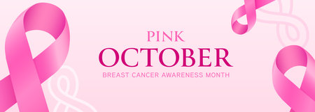 Breast cancer awareness campaign banner background with pink ribbon. Light pink gradient background. Vector illustration.のイラスト素材