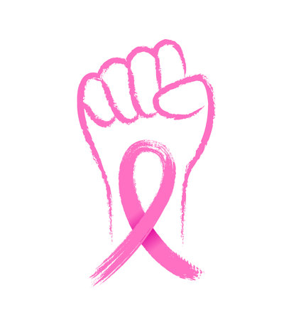 Fist with a pink ribbon brush style. Symbol of victory over breast cancer. Vector illustration.のイラスト素材