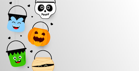 Halloween banner template with Halloween bucket. Halloween element background with copy space. Illustration.のイラスト素材
