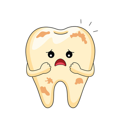 Dental Plague Character. Tooth Decay Vector Illustration for Children Dental Clinic Poster Template Design. Cracked or Broken Teeth Illustration.のイラスト素材