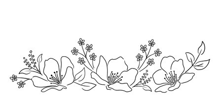 Beautiful bouquet of cherry blossom line art. Illustration for greeting card, wedding invitation and other holiday background.のイラスト素材
