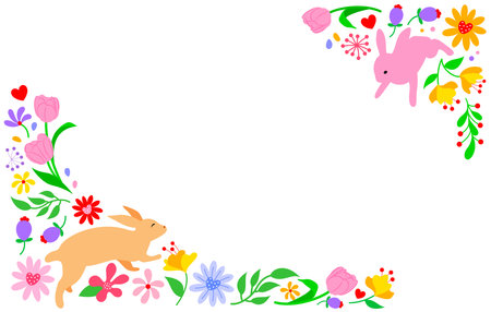 Easter-themed frame with floral decorations and playful rabbits. A brown rabbit on the left appears to be leaping, while a pink rabbit on the top right is surrounded by flowers and leaves. The open space in the center. Vector illustration.のイラスト素材