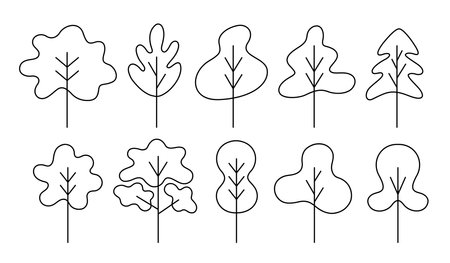 Green tree vector line art set. Wood with leaf natural collection outline style. Simple tree design elements.のイラスト素材