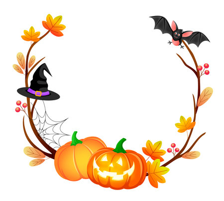 Autumn leaves and pumpkins border frame with copy space. Seasonal floral maple oak tree orange leaves for Halloween holiday, decoration vector design.のイラスト素材