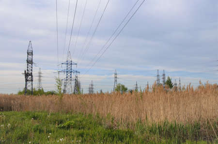electric towers with wires among the grass. High quality photo