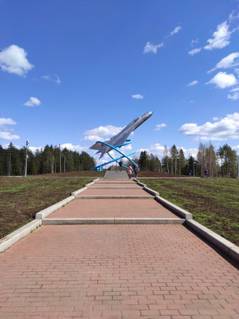 09,05,2021 Russia, Leningrad region, Tikhvin. Monument MIG 21 aircraft dedicated to the pilots of...