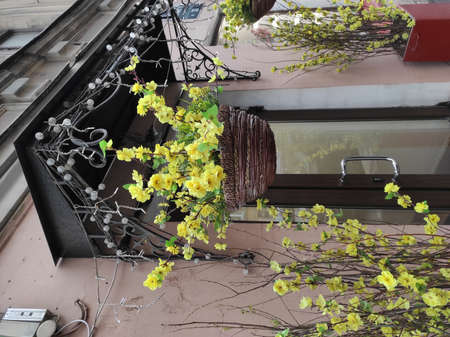 Flower decoration of street entrance doors to the store. High quality photoの写真素材