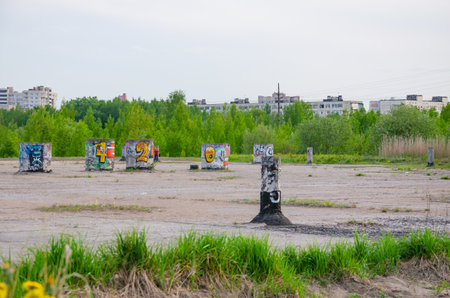 01.06.2022 St. Petersburg. Graffiti on abandoned concrete parts. High quality photoのeditorial素材