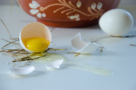 white egg is broken, the shell is on the table. Light background. High quality photoの写真素材