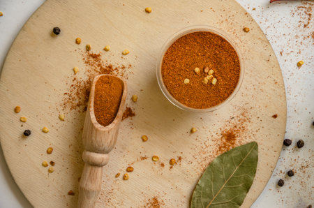 spices red pepper ground on a wooden board. High quality photoの写真素材