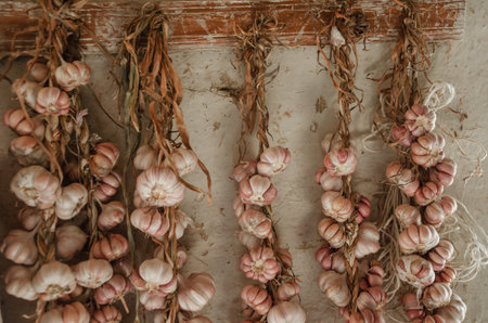 The garlic crop is harvested tied and hanging in bunches. High quality photoの写真素材