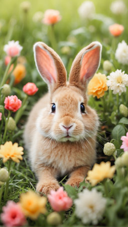 Rabbit running among flowers and grass. High quality photoの素材