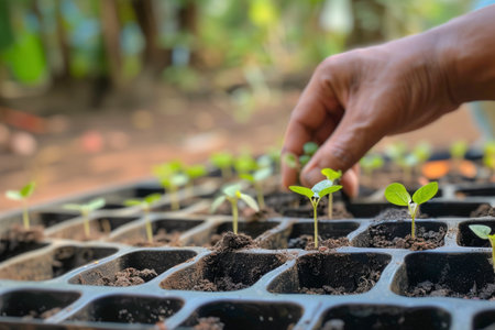 Seedlings are planted from containers in the bed. High quality photoの素材
