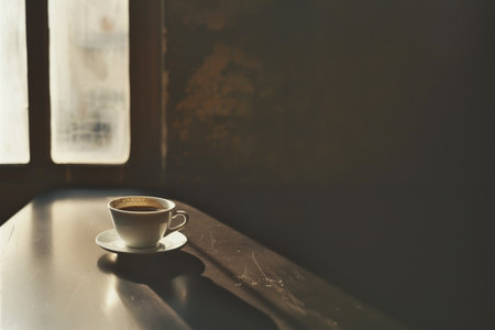 One cup of coffee on a wooden table. High quality photoの素材