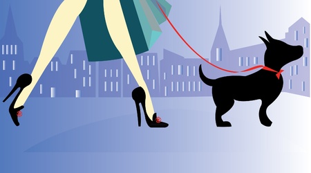 Shopphing girl with puppy dogのイラスト素材