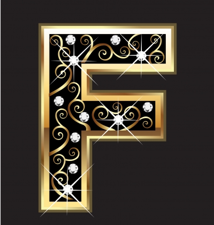 F gold letter with swirly ornamentsのイラスト素材