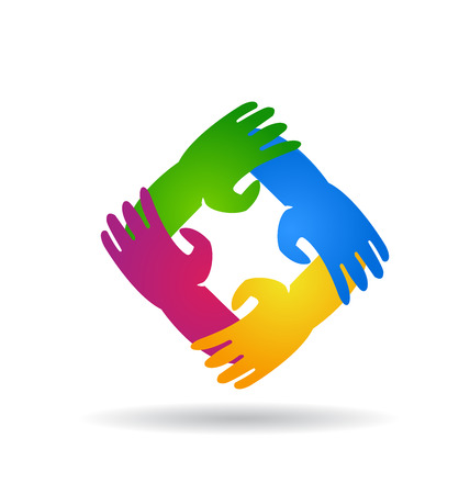 Teamwork four hands around colorful vector icon design logoのイラスト素材