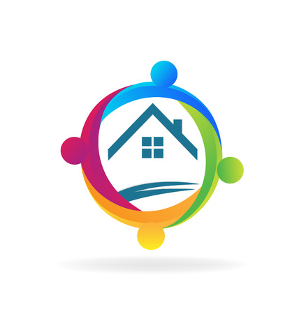 Teamwork people around a house logo vector designのイラスト素材