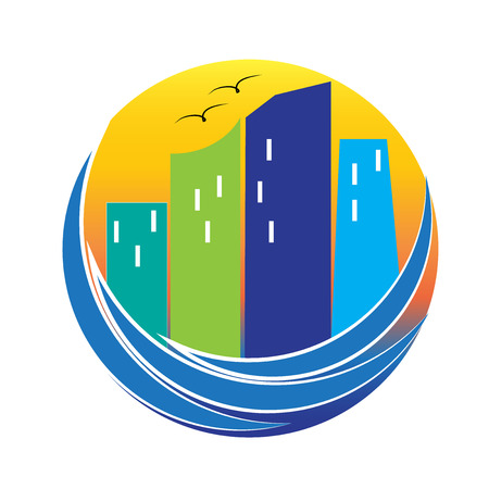 Modern buildings real estate icon beach waves and sun image logo vectorのイラスト素材