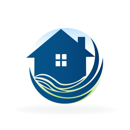 Blue house and beach waves real estate business id card icon image logo vectorのイラスト素材