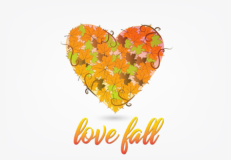 I love autumn! Love heart shape from falling leaves vivid colors logo vector image designのイラスト素材