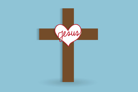 Cross synbol on blue background with a love heart and Jesus word logo vector imageのイラスト素材