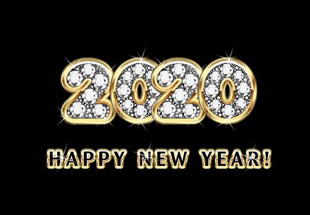 2020 Happy new year gold and diamonds with shiny lights vector banner graphic design template wallpaper invitation to party in new year eve.のイラスト素材