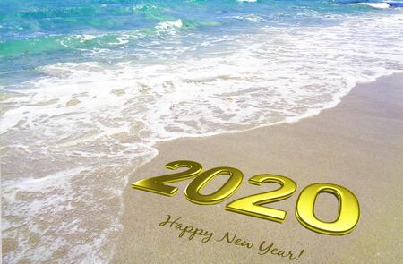 2020 happy new year gold 3D letters celebration invitation card with beautiful beach image...