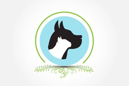 Dog and cat profile silhouette logo veterinary symbol concept identity business id card icon blue circle frame background vector imageのイラスト素材