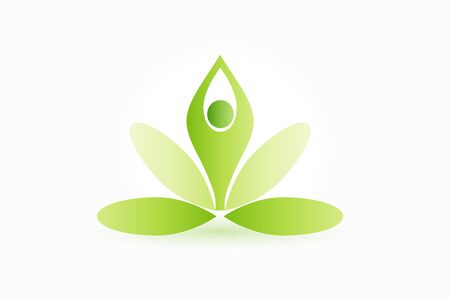 Logo yoga man and lotus flower green icon vector web image design template backgroundのイラスト素材