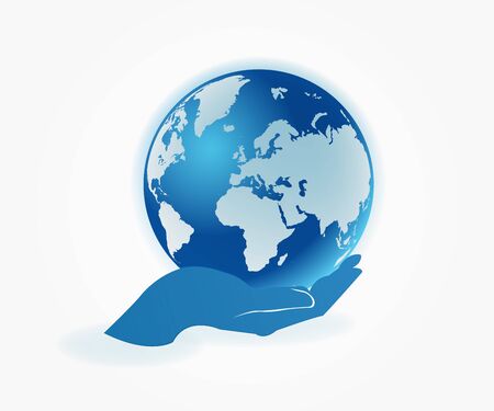 Globe world map hand care logo symbol icon support concept vector image designのイラスト素材