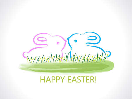 Happy Easter greetings card with rabbits watercolor green grass background logo vector image designのイラスト素材