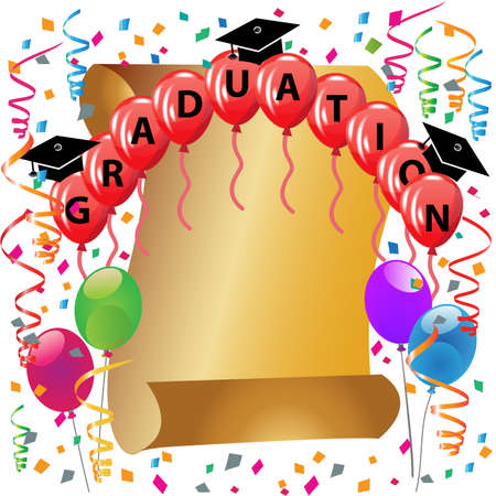 Graduation hats red balloons gold award paper parchment and confetti party celebration symbol educational icon vector logo image design background templateのイラスト素材