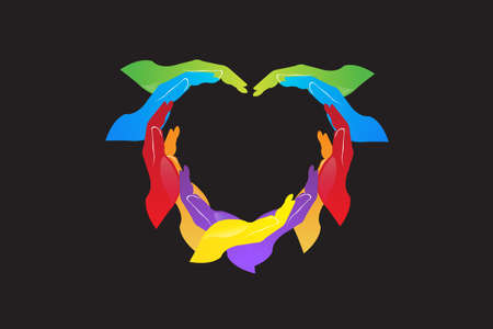 Hands healthy diversity people around in a love heart shape icon on black backgroundのイラスト素材