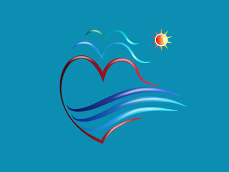 Stylized love heart, birds and waves, ocean beach icon vector image illustration graphic design templateのイラスト素材