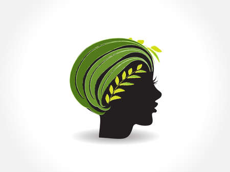 Logo woman pretty face green leaves hair watercolor flower fashion sensual model figure symbol icon vector image graphic design illustrationのイラスト素材