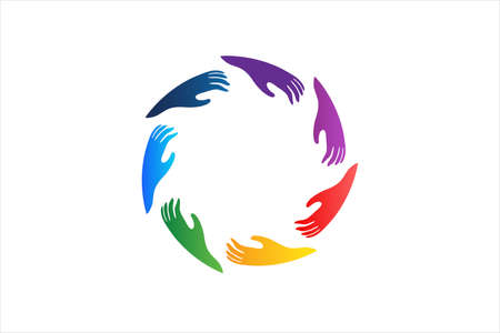 Logo colorful hands around in a circle shape image web vector icon rainbow colors background templateのイラスト素材
