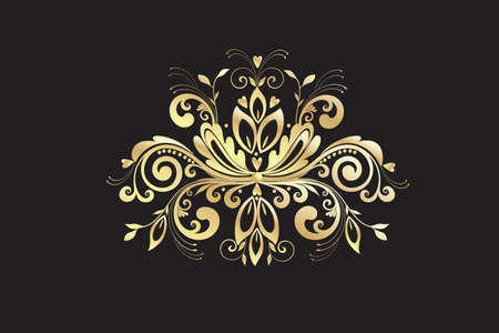 Gold Floral vintage swirly leaf ornamental graphic illustration beautiful flower hearts and leaf arrangement golden floral vector imageのイラスト素材