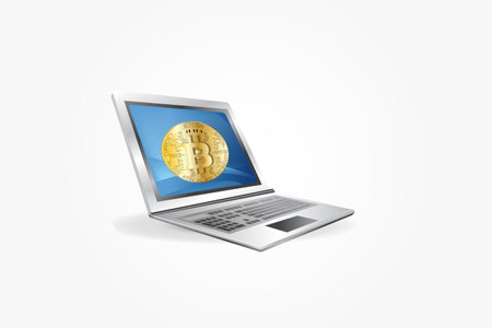 Laptop Computer With Golden Bitcoin Currency Technology and Business Advertisement Concepts Vector Image Designのイラスト素材