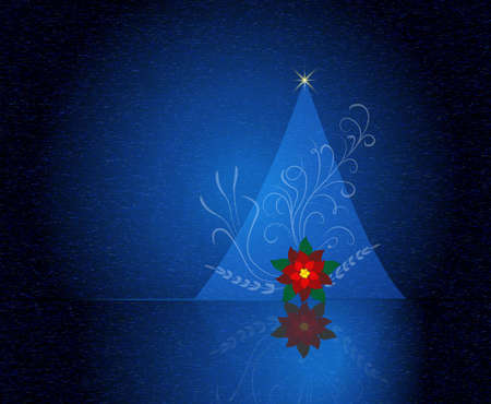 Christmas tree poinsettia flower floral ornament starry night greetings card with red flower reflection background templateのイラスト素材