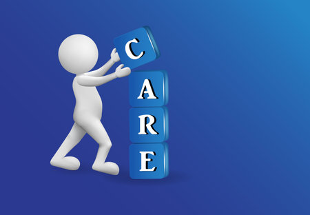 3D small people care text word in a blue box shape. Also can be used as medical, clinic, pharmacy business symbol vector image design background templateのイラスト素材