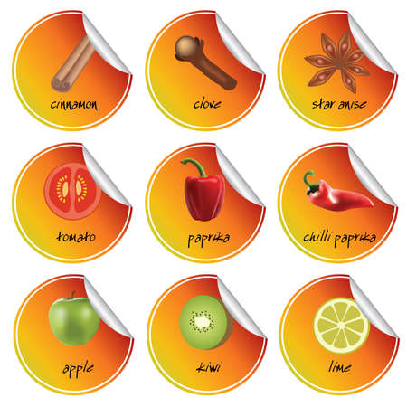 set of orange stickers with spice, vegetable and fruitsのイラスト素材