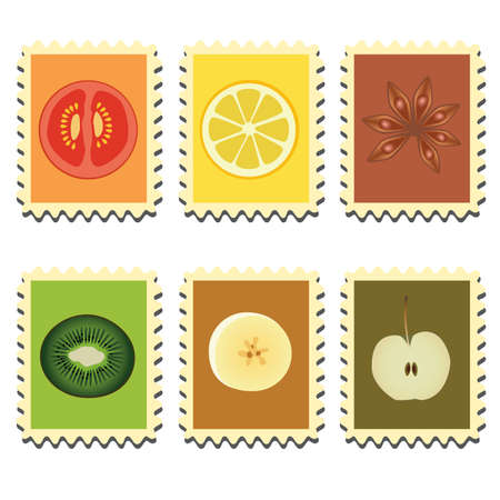 set of six stamps with vegetables, fruits and spiceのイラスト素材