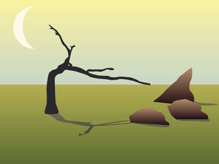 dead tree, brown rocks and moonのイラスト素材