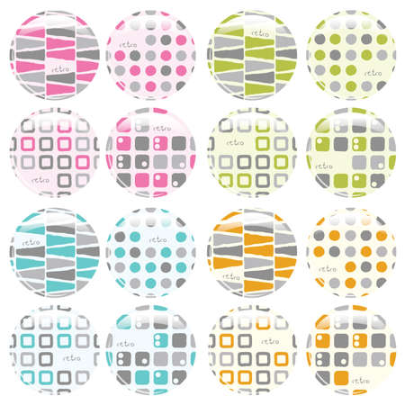 set of 16 badges with retro patternのイラスト素材