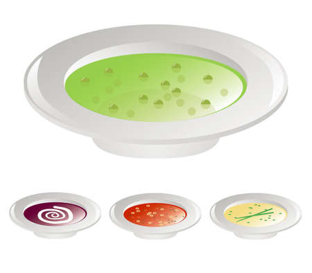 pea soup, beet soup, tomato soup and cream soupのイラスト素材