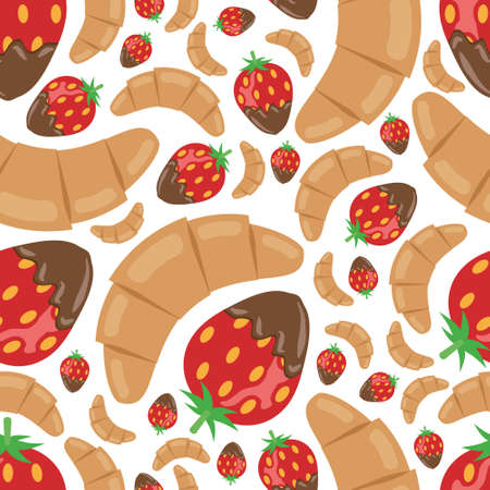 croissant and strawberry in chocolate seamless patternのイラスト素材