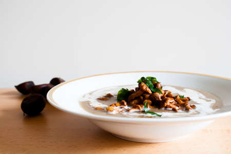 chestnut soup with chanterellesの写真素材